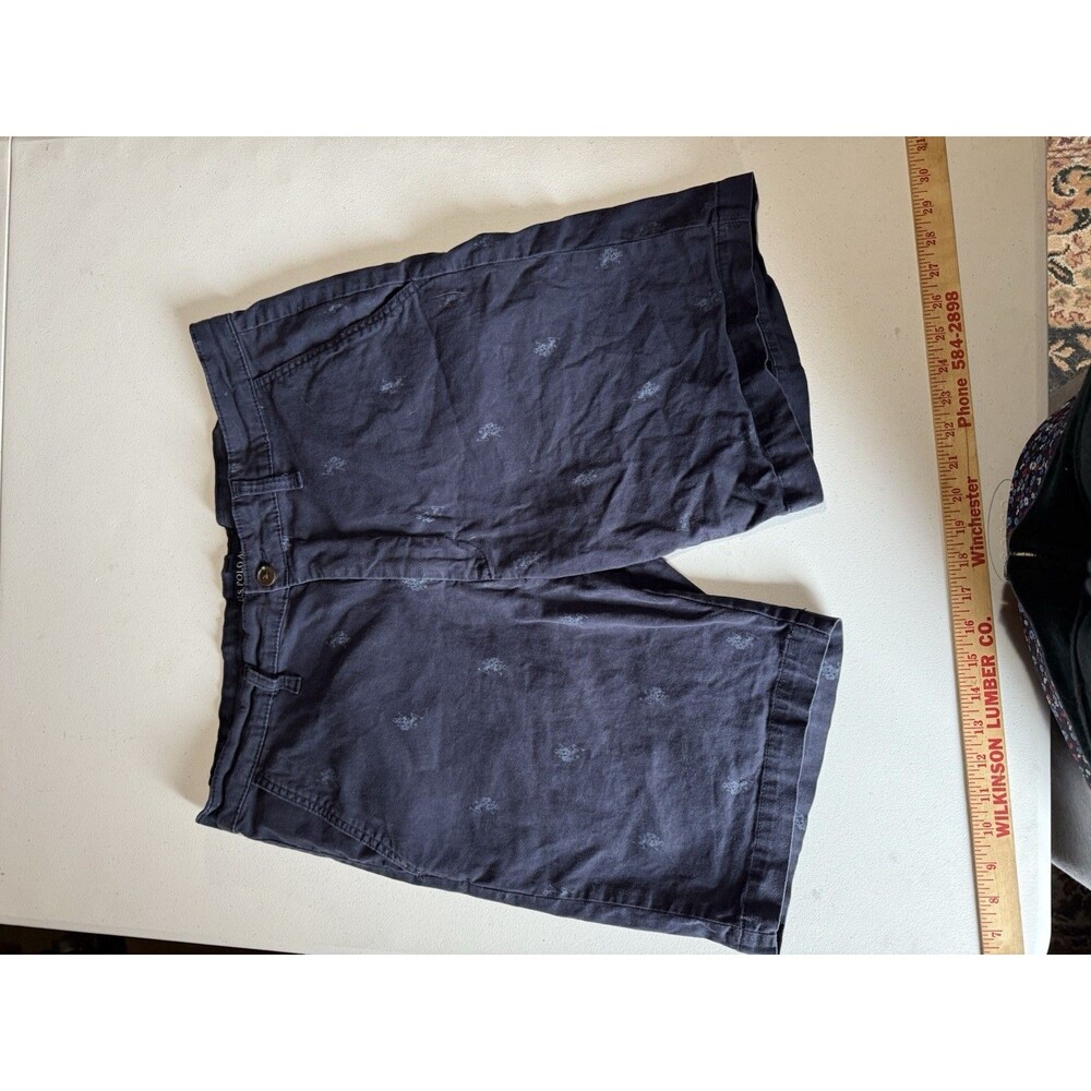 U.S. Polo Assn. Mens Club Navy Blue Allover Print Slim Fit Flat Front Shorts 36